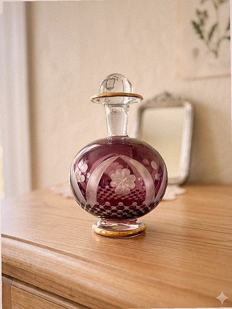 Purple Decorative Glass Perfume Bottle with Floral Design and Gold Trim